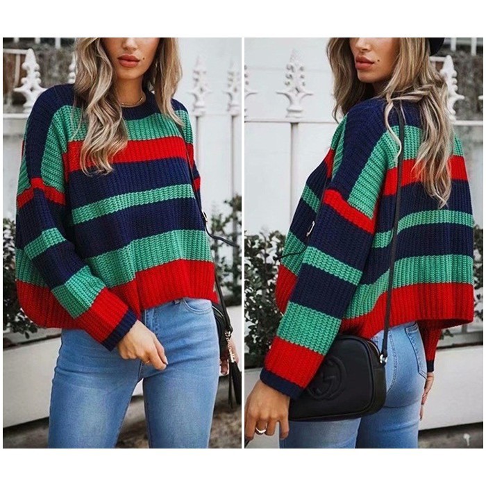 [baju wanita korea]  Baju Knit Sweater Rajut Wanita Korea Import Stripe Garis