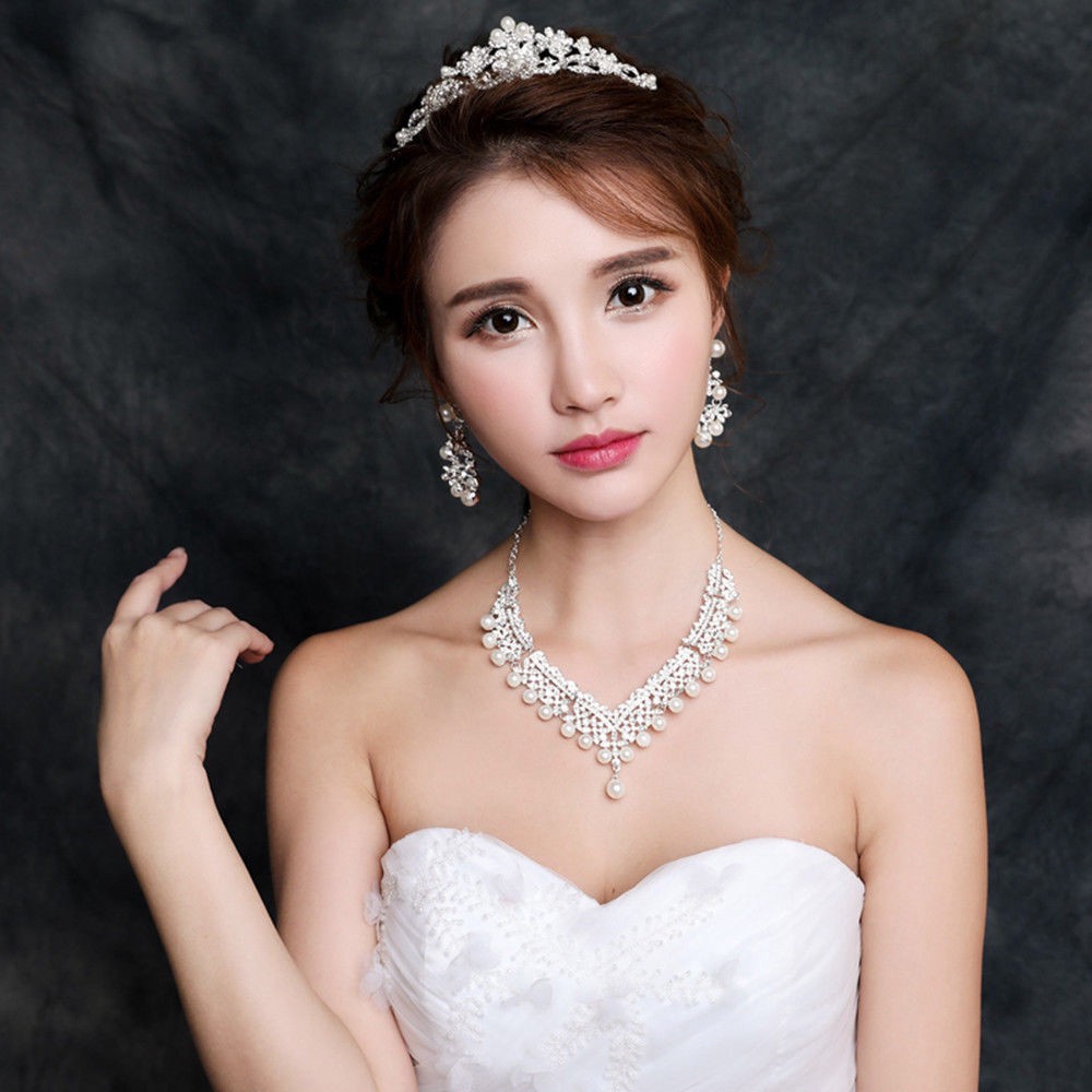 Set Mahkota+Anting+Kalung Hias Berlian Imitasi+Mutiara untuk Pengantin