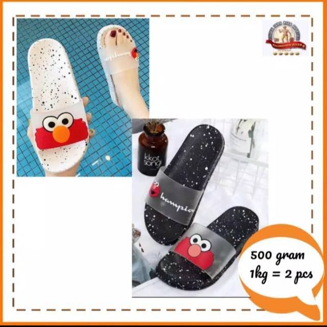 Sandal Slip Wanita Motif Elmo Dewasa Sol Hitam Putih