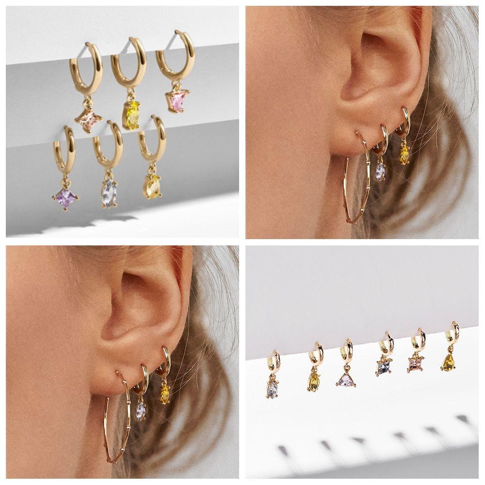 Preva 6pcs/Set Anting Juntai Statement Pesta Warna Emas Fashion Citrine Amethyst