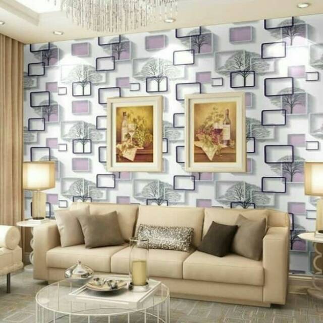 TOKOAIRA(900gram) wallpaper stiker dinding motif 3 dimensi kotak dan pohon ungu 45 cm x 10 meter