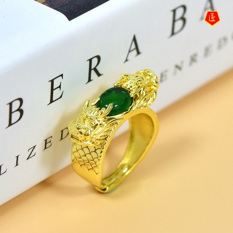 [Ready Stock]Gold Inlaid with Jade Gem Two Dragons Open Ring