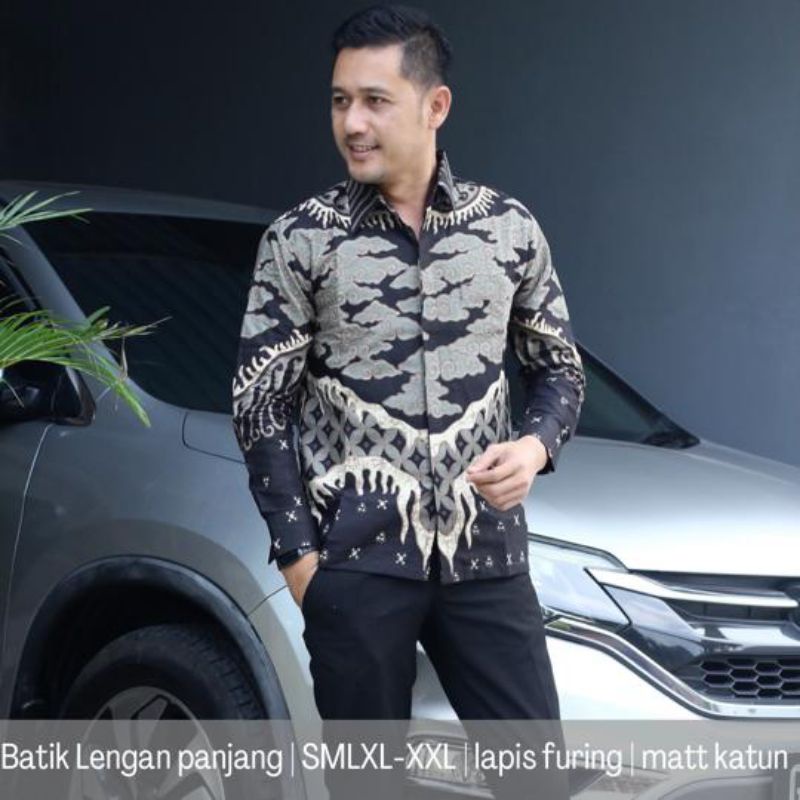 Kemeja Batik Pria Mega Mendung Hitam