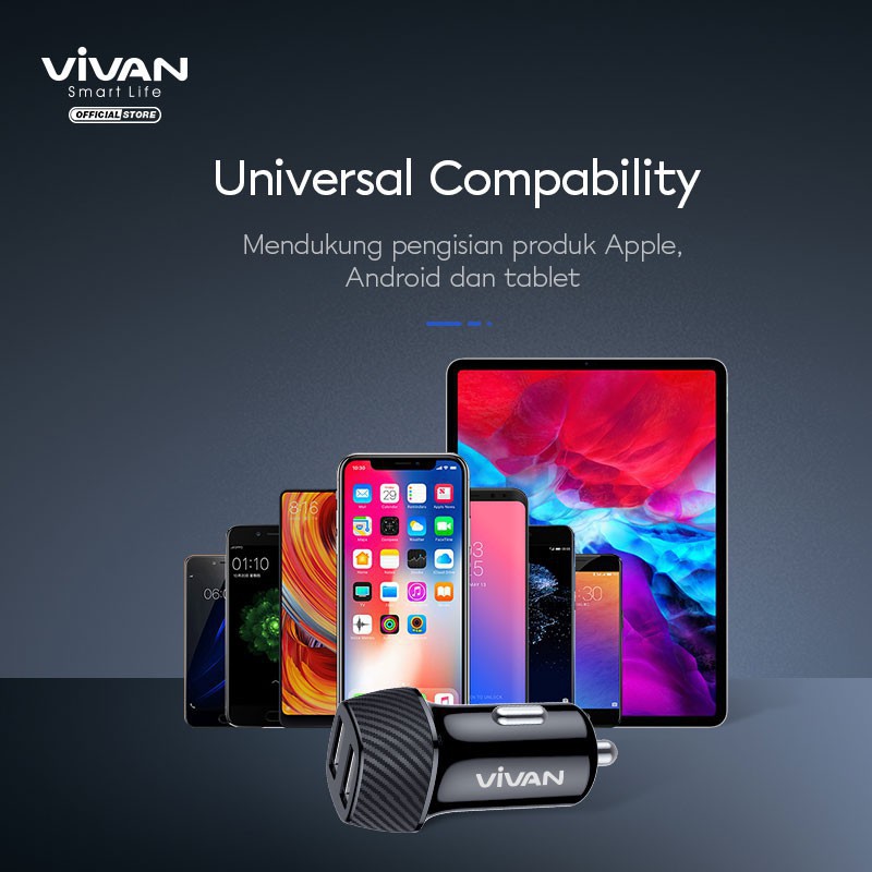 Car Charger Vivan CC02C 3.4A Dual USB Smart IC Quick Charging Mobil