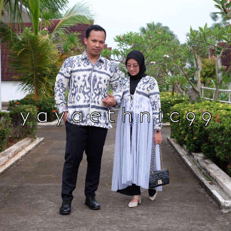 Set couple baju kondangan, couple prewed, outer tenun mix tile, kemeja tenun troso, outer tenun troso