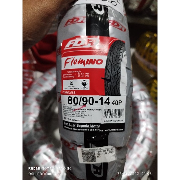 Ban FDR Flemino 80/90-14 Tubles/Ban FDR Depan Vario125/BAN TUBLES DEPAN Beat Pop/BAN LUAR DEPAN FDR 