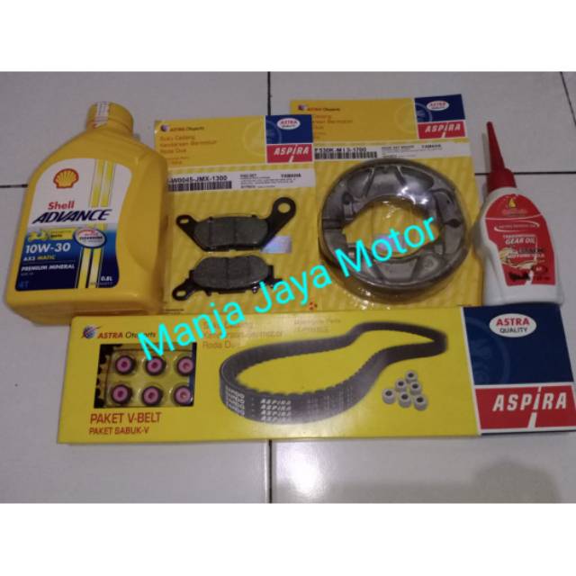 V-Belt paket set roller + kampas rem depan &amp; belakang + Shell Ax5 matic &amp; gardan for Mio smile/soul