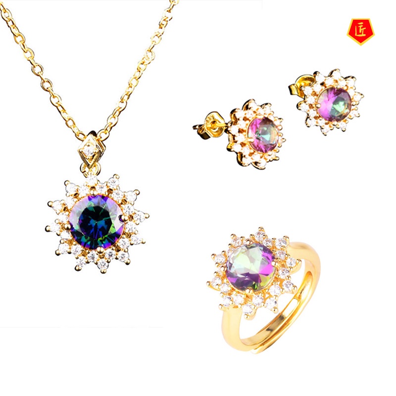 [Ready Stock]18K Gold Open Ring Snowflake Ear Stud Necklace Set