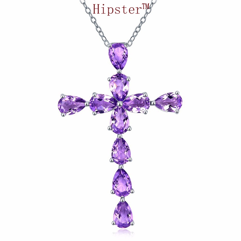 Silver Amethyst Diamond Creative Cross Color Gem Pendant Necklace