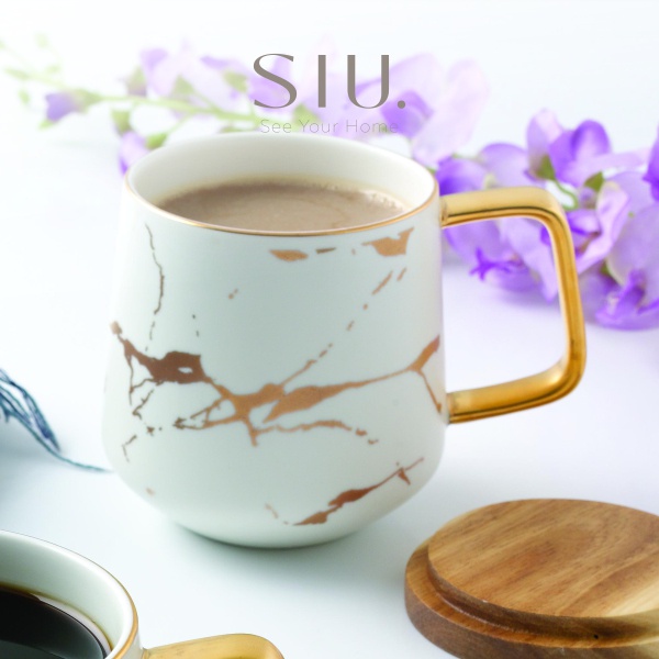 Marble Mug Wooden Lid – Mug Kopi Motif Marmer dengan Handle Kayu