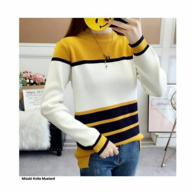 Baju Cewek Mode Casual Mizuki Knite || Mustard-Blue-Pink
