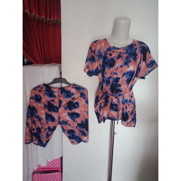 ONE SET TIE DYE SETELAN WANITA CELANA PENDEK RAYON XL BABYDOLL BALI KEKINIAN TIEDYE MOTIF KOPI-Plum