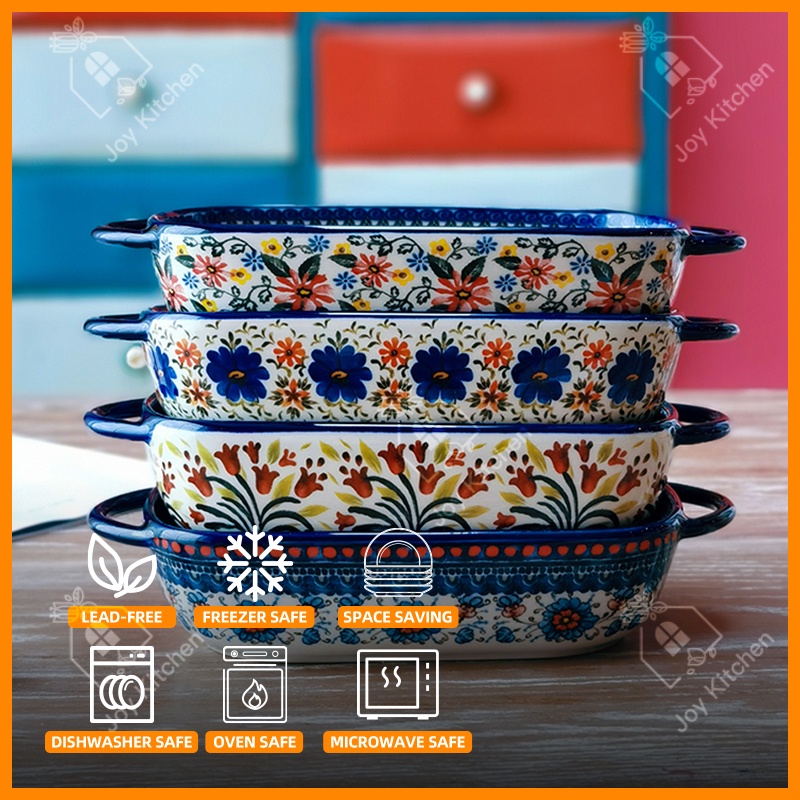 Nordic Japanese Ceramic Rectangle Plate with Handle Microwave Ovenware Bakeware Dinner Serveware