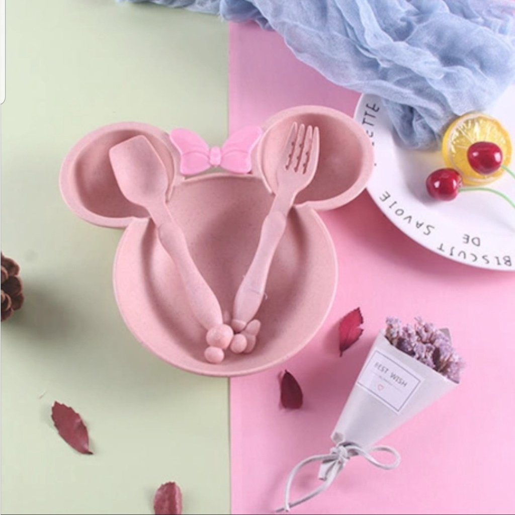 MANGKOK PIRING MAKAN ANAK BAYI SET LUCU MOTIF MIKI MOUSE FREE SENDOK DAN GARPU - BD