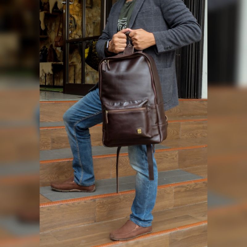 Ransel Pria Tas Punggung Kulit Sapi Asli Backpack Marlin Laptop 14 Inchi Bahan Pull Up Leather Terbaru Tali Adjustable Kekinian Original