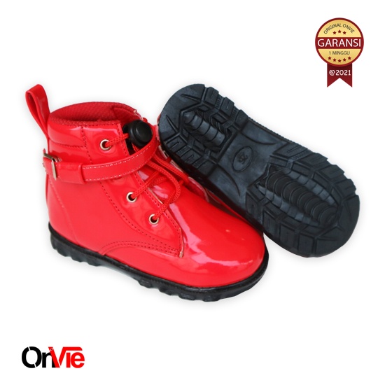 Sepatu Boots Anak Perempuan Glossy Hitam Putih Merah Polos | Sepatu Pesta Formal 22-35 Onvie