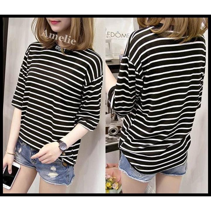 BAJU ATASAN KAOS GARIS BLOUSE WANITA IMPORT AB533054 MERAH PUTIH HITAM