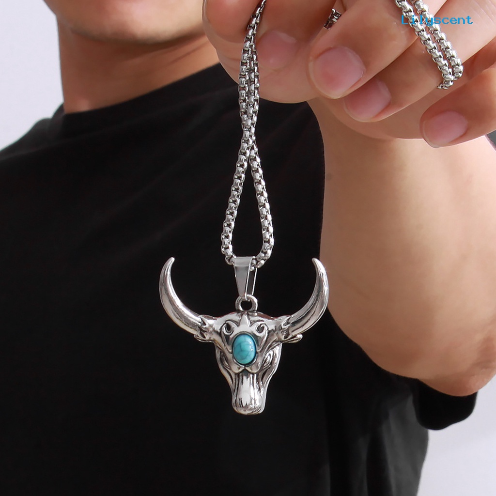 Kalung Rantai Panjang Liontin Kepala Banteng Bahan Alloy Gaya Retro Punk Untuk Pria