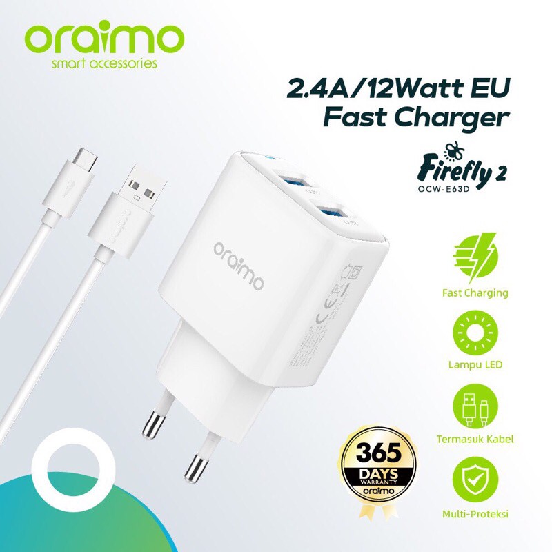 Oraimo OCW-E63D Firefly 2 Charger Dual Ports Quick Power Fast Charging - Garansi 1 Tahun