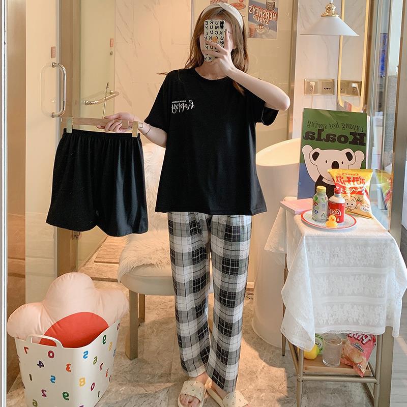 AJW Shop Piyama 3 in 1 | Piyama Lengan Pendek | Baju Tidur Impor | Baju Tidur 3in1-Happy Hitam