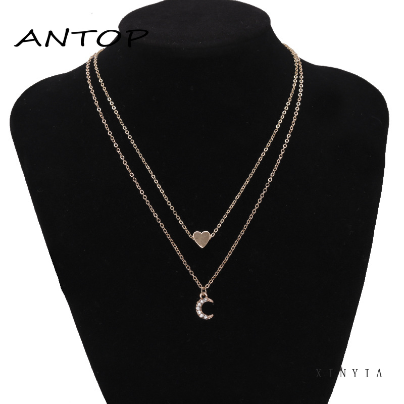 Kalung Rantai Multilayer Dengan Liontin Hati Dan Bulan Untuk Wanita ANTOP