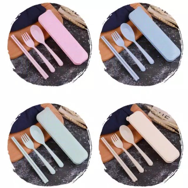 BATAM SHOPPING MALL (P.KR)H515 Sendok Set Garpu Sumpit + Kotak Bahan Jerami / Sendok Set 3 in 1 / Pe