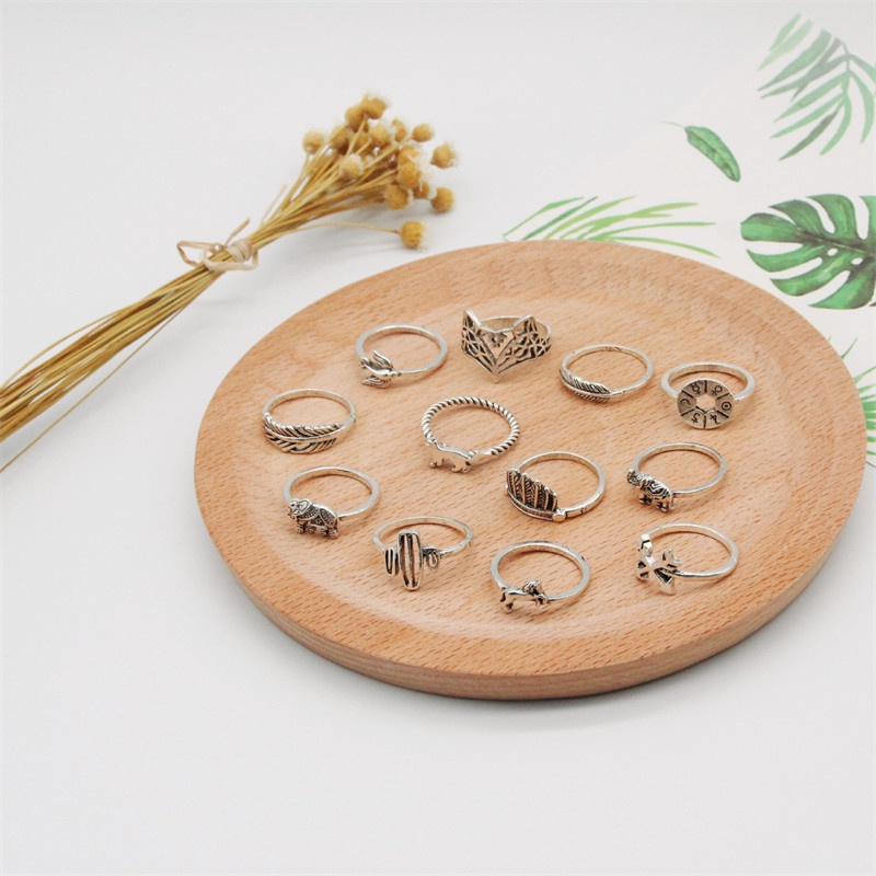 12pcs / Set Cincin Bentuk Daun Rubah Gajah Kaktus Swallow Disk Untuk Aksesoris Perhiasan Wanita