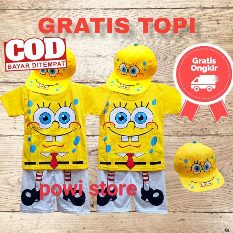 SETELAN ANAK SPOBOB DAN MINON DAPAT TOPI/TOPI AJA