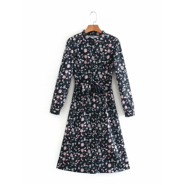 Dress Panjang Lengan Panjang Wanita Import Motif Bunga Hitam