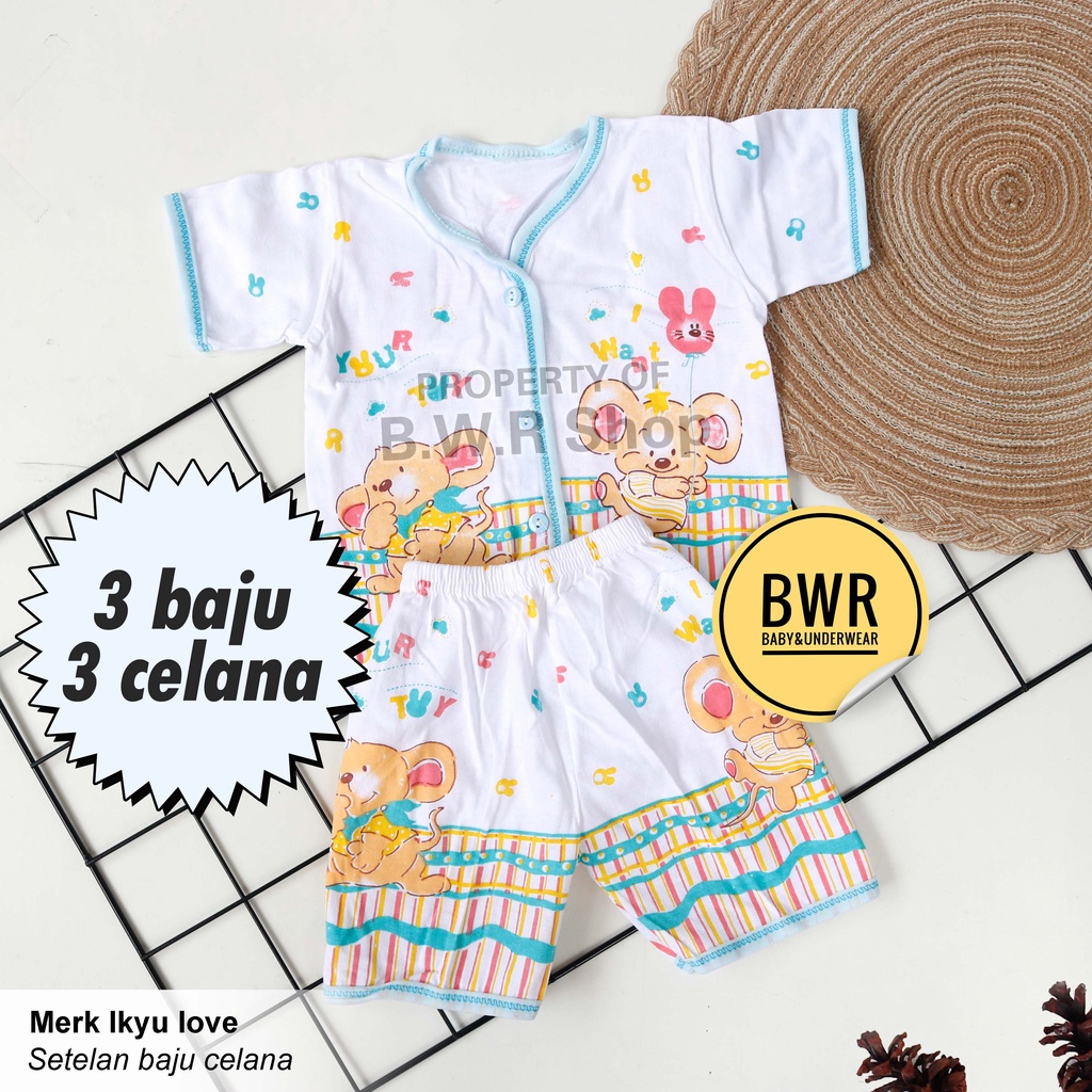 [ 3 setel ] Setelan Ikyu Love PENDEK MOTIF | Baju Bayi + Celana Pendek Kado Lahiran Hampers - Bwr IX