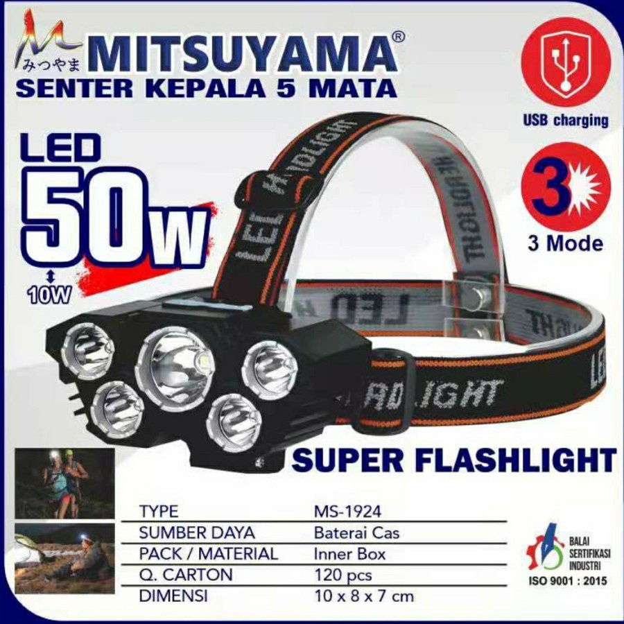 COD Senter Kepala LED 5 Mata 50 Watt MS-1924 Headlamp Mitsuyama USB Rechargeable Cahaya Putih