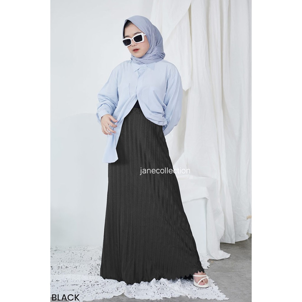 JANE COLLECTION || Maxi Skirt Bawahan Rok Hitam Hijab Muslim Mayung Hyget Plisket Motif Padi A Line [ Hitam Kuning Mustard Milo Mocca Dark Grey Abu Tua ] - Ishana Skirt