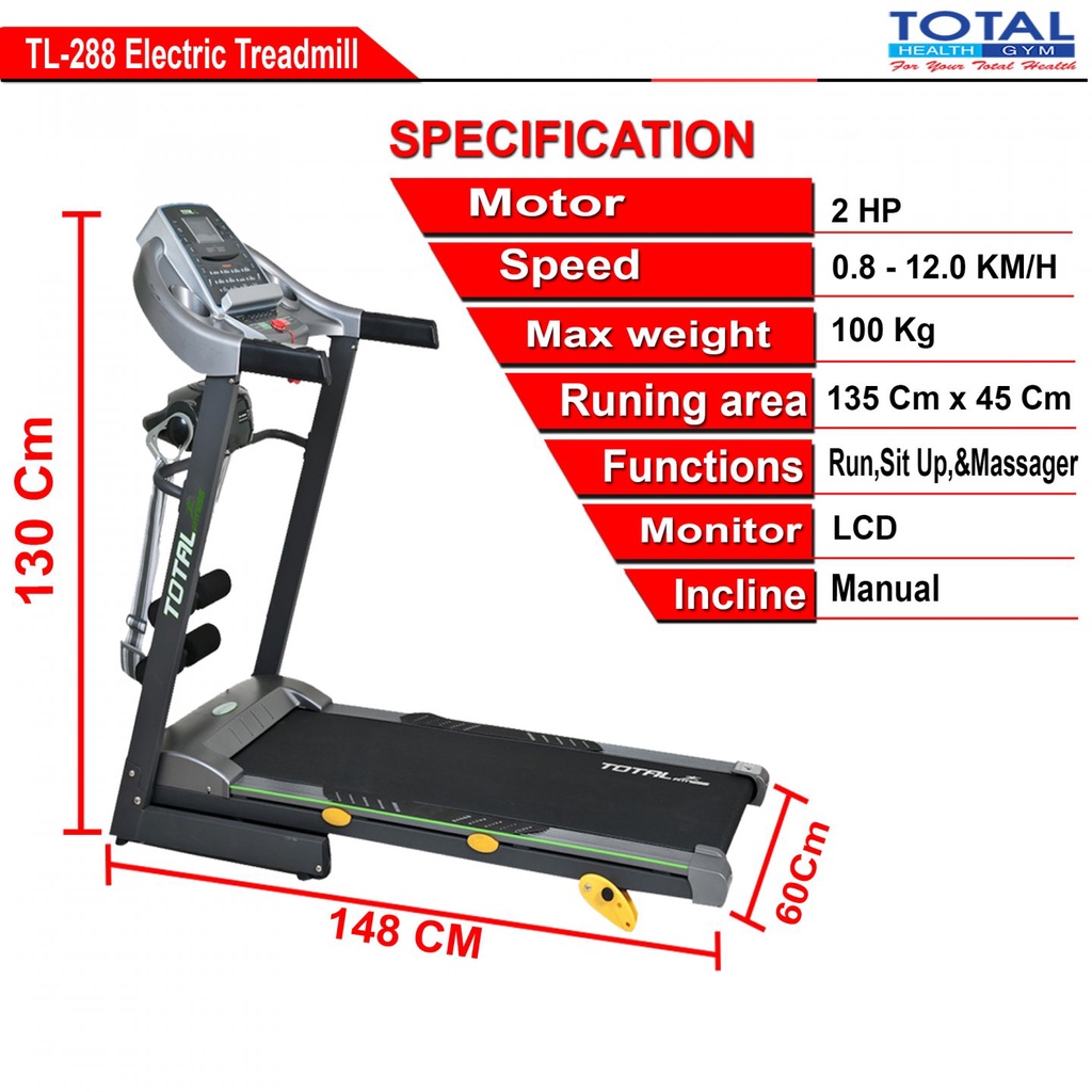 TOTAL HEALTH GYM - New Alat Olahraga Gym Sport Fitness Walking Pad Treadmill Listrik Elektrik Total Gym TL 288 Motor 2 HP DC