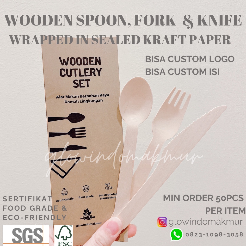 SET Sendok Kayu 16cm + Garpu Kayu 16cm + Pisau Kayu Cover Kraft Paper SEALED Tertutup Rapat HIGIENIS
