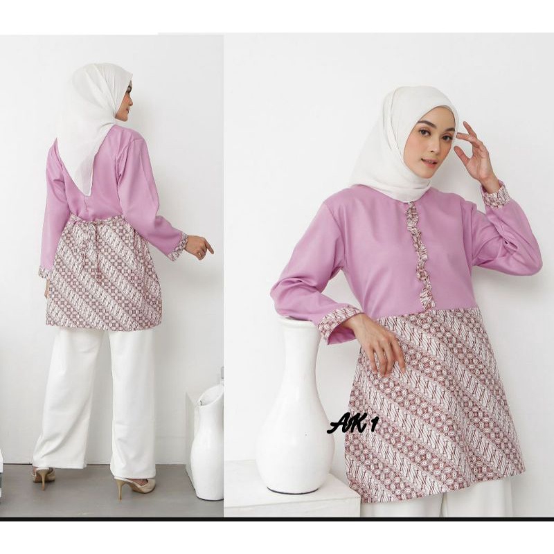 tey-17 Batik wanita ASJ SA HRB026 Kenongo Kemeja Tosca Pendek-Lavender kotak