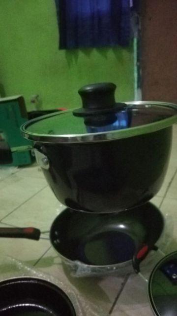 Panci Set Enamel  Cookware Set Anti Lengket Lengkap Dengan Tutup Kaca