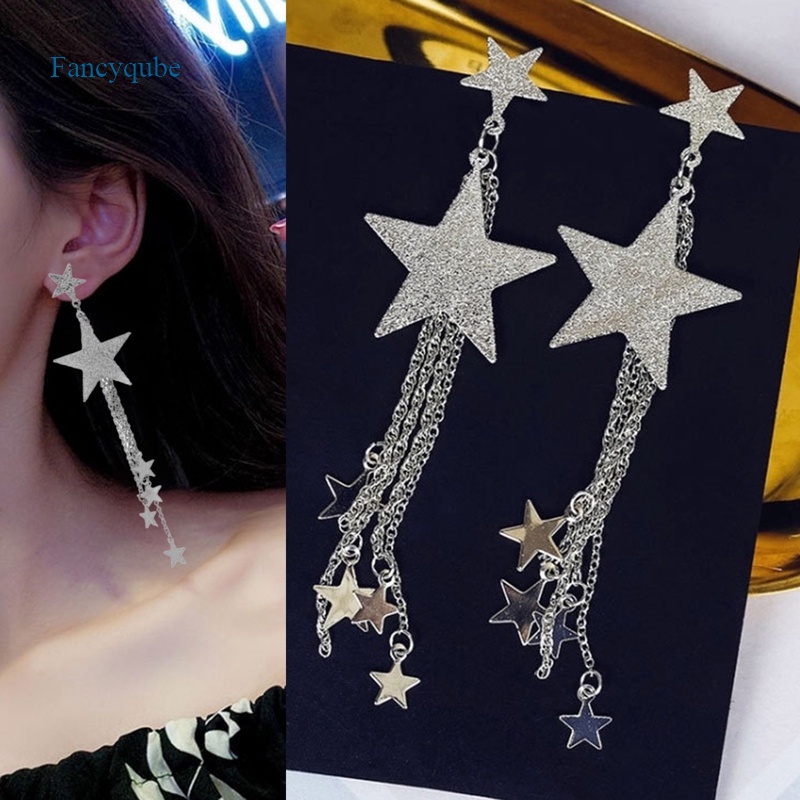 Fancyqube Anting Hoop Panjang Desain Bintang Rumbai Bahan Metal Untuk Wanita