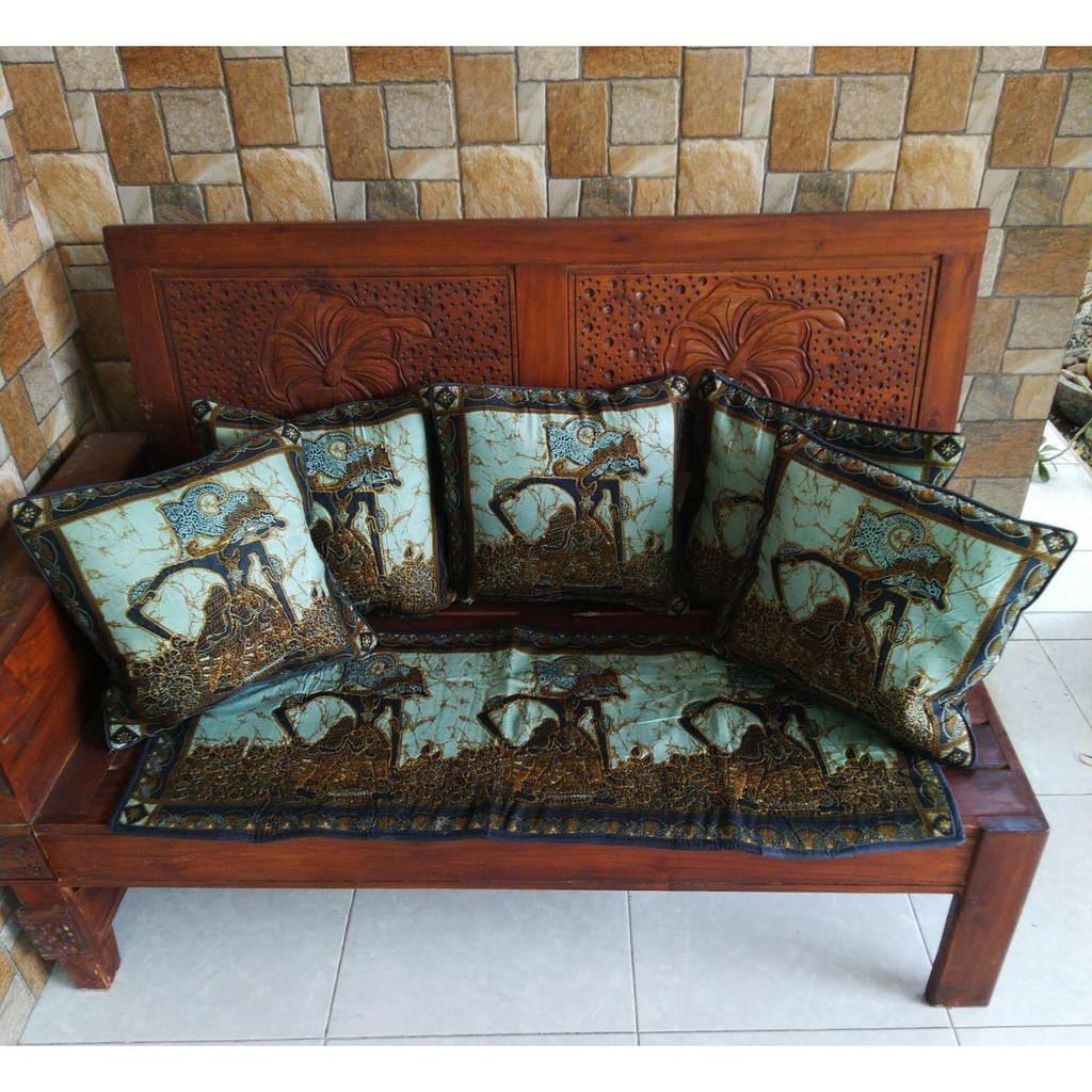 Sarung bantal kursi 40x40 set Taplak meja tamu | SARUNG BANTAL SOFA | batik WAYANG KOTAK HIJAU TOSKA