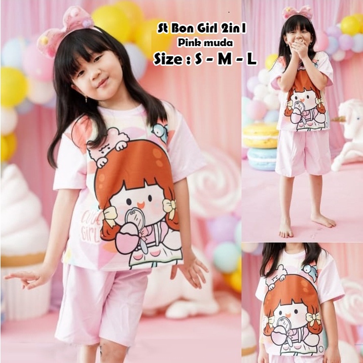 Set Bon Girl/Pakaian Anak Bayi Santai/Baju Anak Motif Karakter / Setelan Baju Dan Celana pendek