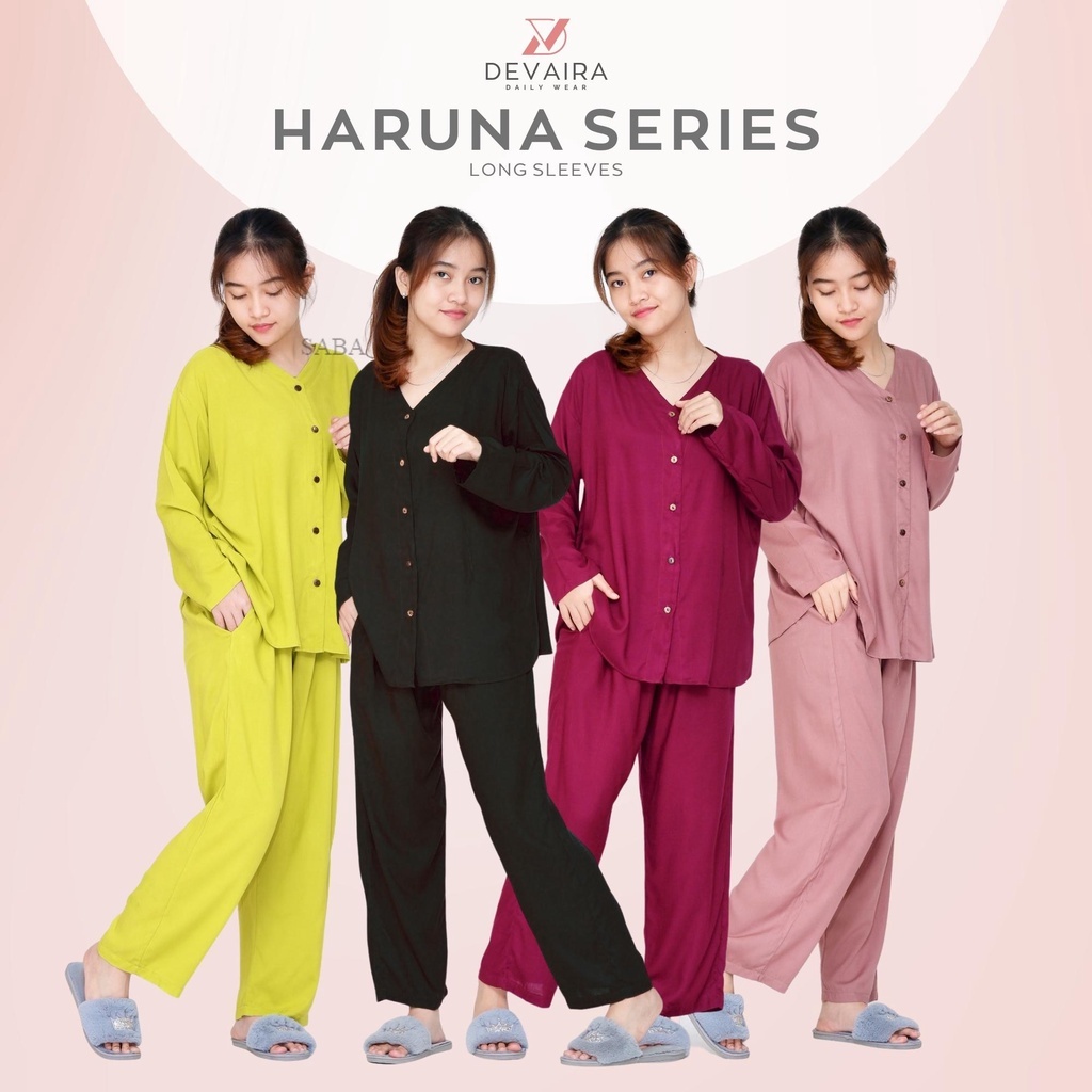 Set Piyama Rayon Polos Lengan Panjang Babydoll One Set Wanita Busui Kekinian Haruna