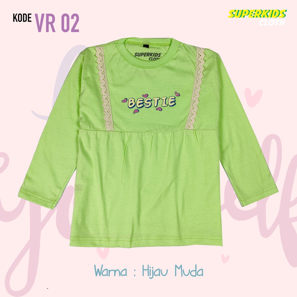 BAJU ANAK PEREMPUAN / KAOS ANAK PEREMPUAN / PAKAIAN ANAK CEWEK KAOS ANAK CEWEK LENGAN PANJANG VARIASI RAMPEL RUFFLE RENDA HIJAU BESTIE GROSIR BRAND SUPERKSIDCLOTH 1 - 11 TAHUN