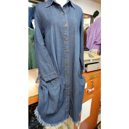 Tunik Muslim Jeans Denim Wanita Jumbo Model Kemeja Bahan Jeans Denim Washed Baju Atasan Wanita Long 