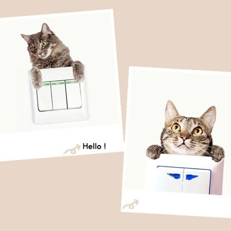 Stiker Dinding Desain Kartun Kucing Dan Anjing Dengan Perekat Untuk Dekorasi Saklar