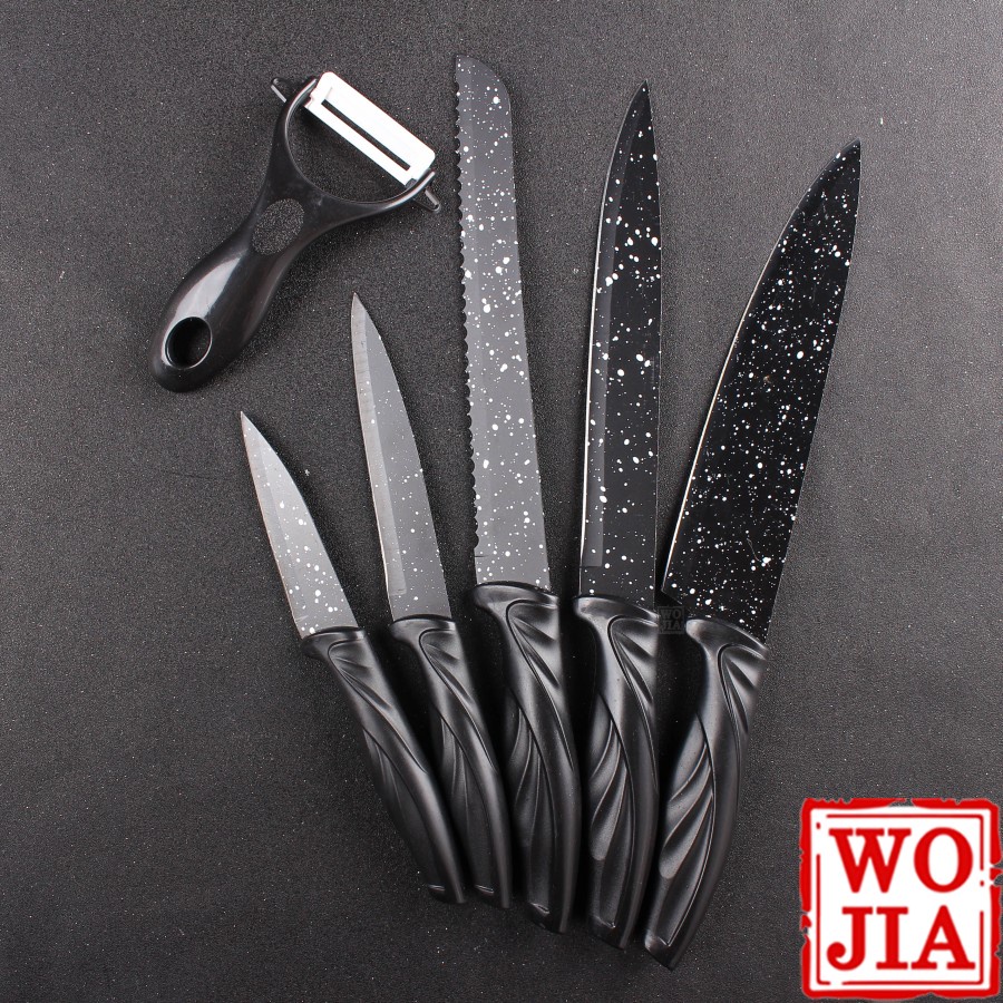 Pisau Dapur Hitam Set 6 pcs Black Stainless Steel Kitchen Knife Peeler