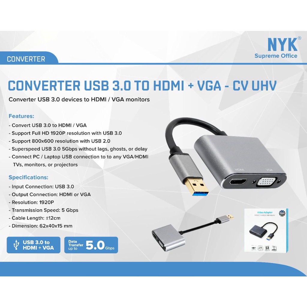 NYK USB 3.0 to HDMI and VGA Display Adapter Converter 2 in 1