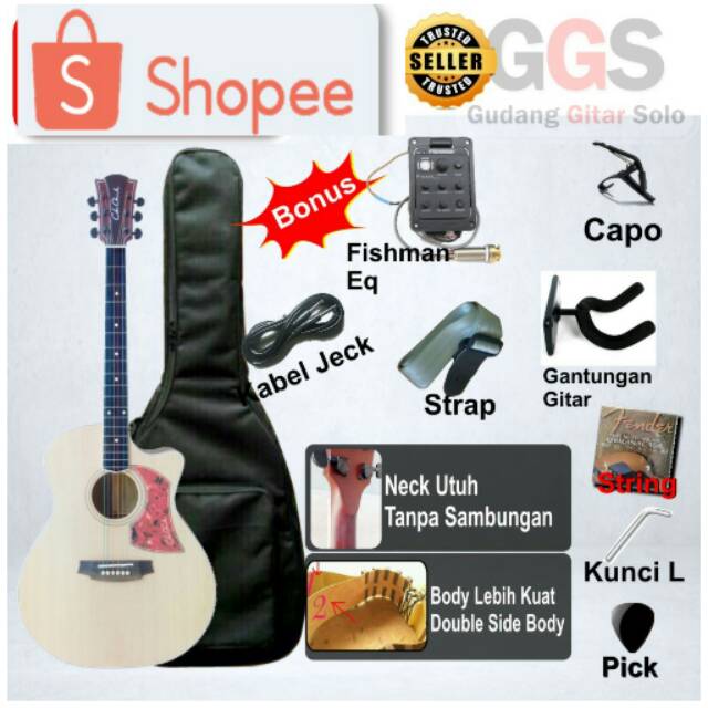 gitar akustik elektrik fisman dobel run neck solid mahony utuh