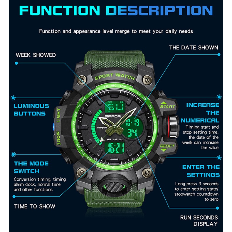 SANDA 3132 Jam Tangan Pria Digital Analog Tali Rubber Chronograph Anti Air WATCHKITE WKOS