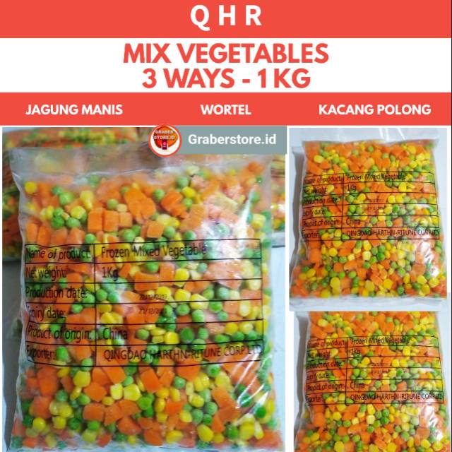 

QHR MIX VEGETABLE 3WAYS 1 KG KACANG POLONG JAGUNG MANIS WORTEL