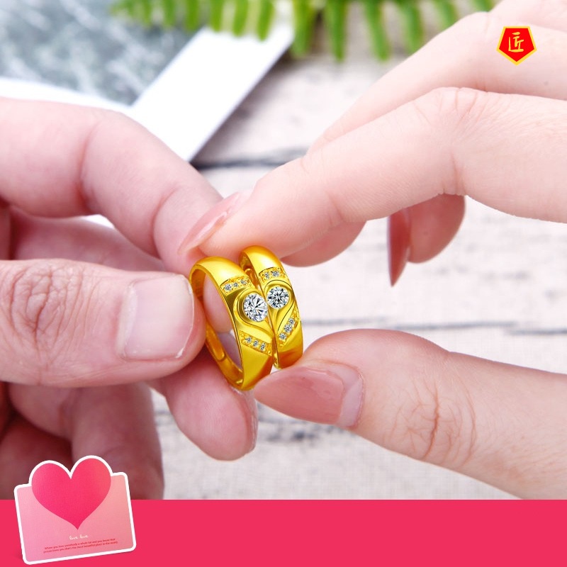 [Ready Stock]Heart-Shaped Inlaid Diamond Gold Couple Ring