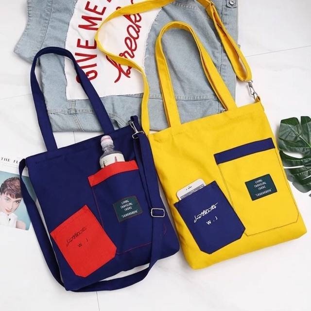 TASMURAH30_NEW TOTE BAG SAKU DUA KANTONG DEPAN / TOTE KANVAS K POP FASHION ALA KOREA